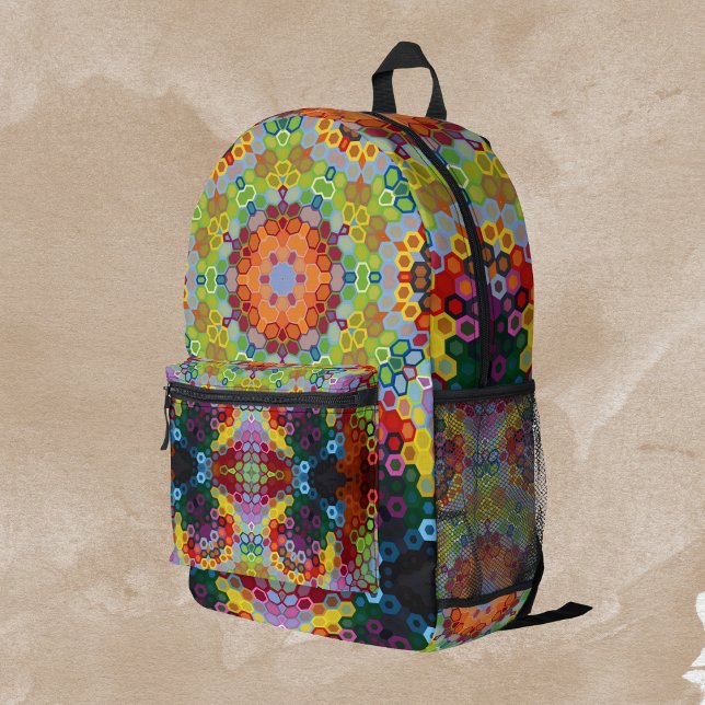 Hex Mandala Green Pink und Orange Bedruckter Rucksack (Green Pink and Orange Hexagon Mandala Backpack by Wormhole Orbital)