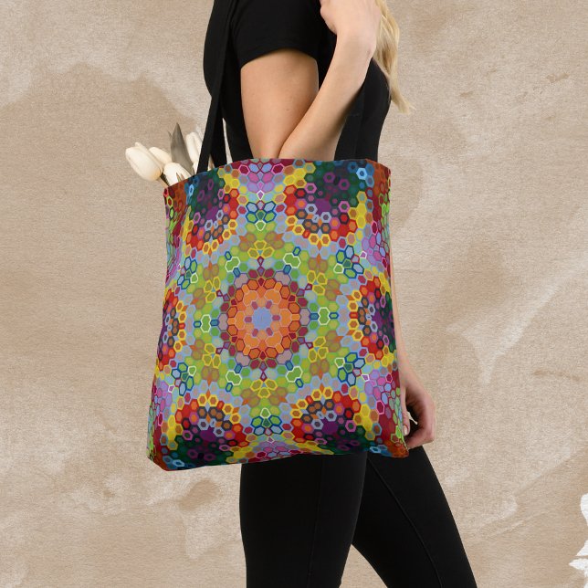 Hex Mandala Green Pink und Orange Tasche (Green Pink and Orange Hexagon Mandala Tote Bag by Wormhole Orbital)