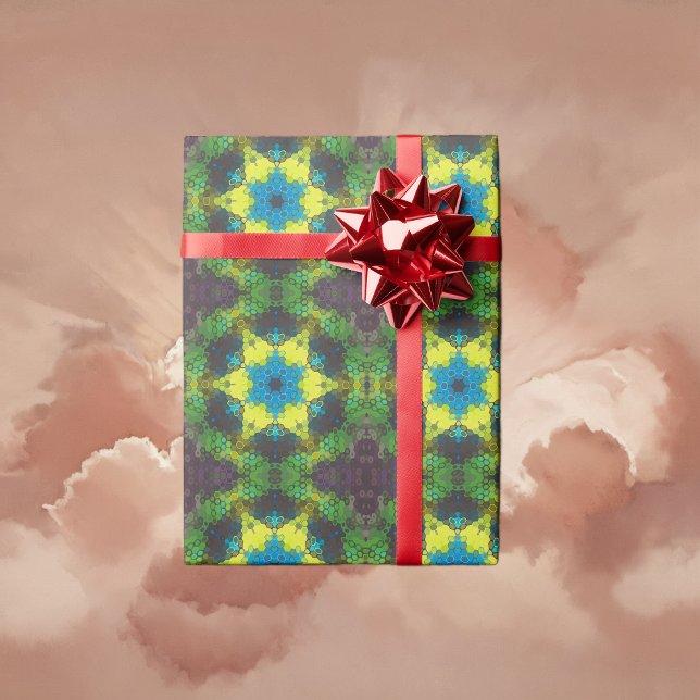 Hex Mandala Green Yellow und Blue Geschenkpapier (Green and Blue Hexagon Mandala Wrapping Paper By Wormhole Orbital)