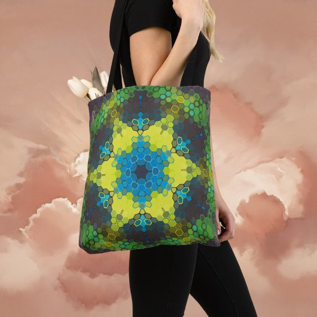 Hex Mandala Green Yellow und Blue Tasche (Green and Blue Hexagon Mandala Tote Bag By Wormhole Orbital)