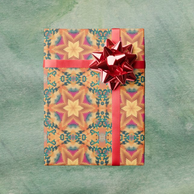 Hex Mandala Orange Blue und Pink Geschenkpapier (Orange Blue and Pink Hexagon Mandala Wrapping Paper by Wormhole Orbital)