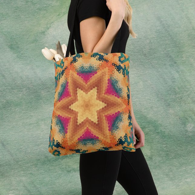 Hex Mandala Orange Blue und Pink Tasche (Orange Blue and Pink Hexagon Mandala Tote Bag by Wormhole Orbital)