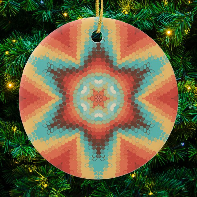 Hex Mandala Orange Blue und Yellow Keramik Ornament (Orange Blue and Yellow Hexagon Mandala Christmas Ornament from Wormhole Orbital)