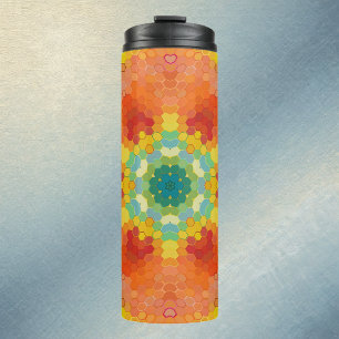 Hex Mandala Orange Gelb Rot und Blau Thermosbecher