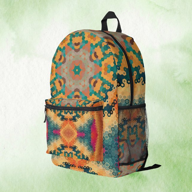 Hex Mandala Orange und Blue Bedruckter Rucksack (Orange and Blue Hexagon Mandala Backpack by Wormhole Orbital)