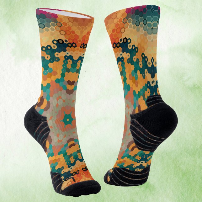 Hex Mandala Orange und Blue Socken (Orange and Blue Hexagon Mandala Socks by Wormhole Orbital)
