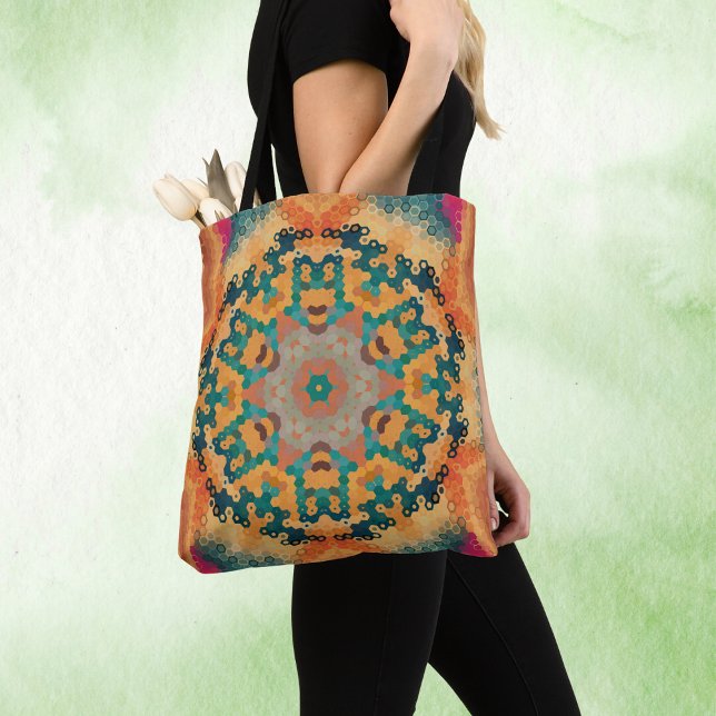 Hex Mandala Orange und Blue Tasche (Orange and Blue Hexagon Mandala Tote Bag by Wormhole Orbital)