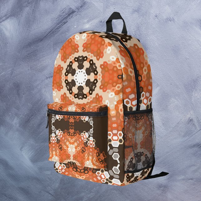 Hex Mandala Orange White und Brown Bedruckter Rucksack (Von Creator hochgeladen)