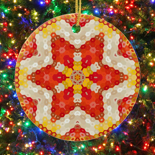 Hex Mandala Red und Yellow Keramik Ornament (Red and Yellow Hexagon Mandala Ornament from Wormhole Orbital)