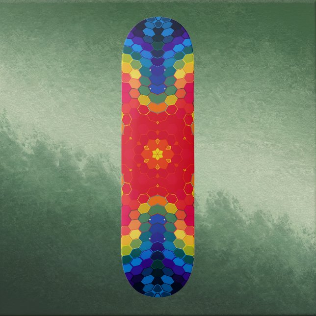 Hex Mandala Red Yellow and Blue Skateboard (Red Yellow and Blue Hexagon Mandala Skate Board by Wormhole Orbital)