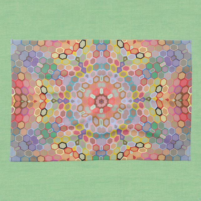 Hex Mandala Regenbogen Geschirrtuch (Rainbow Hexagon Mandala Kitchen Towel by Wormhole Orbital)