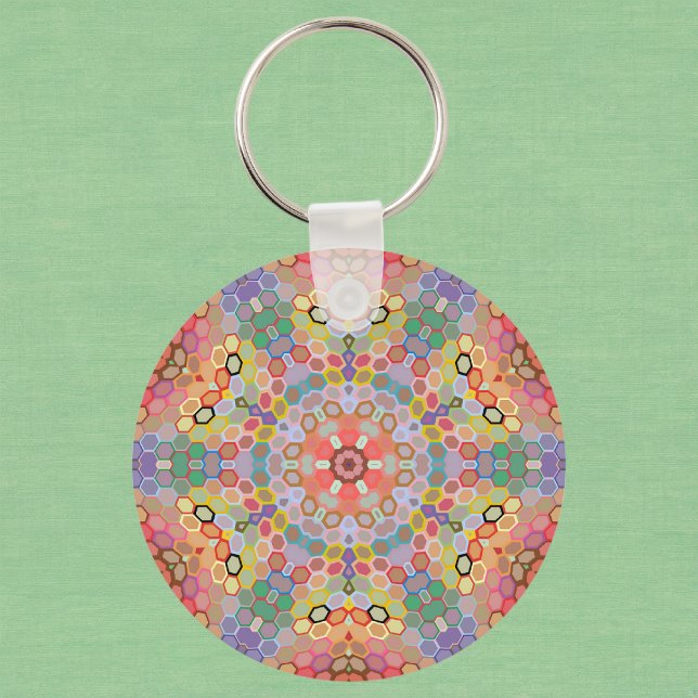Hex Mandala Regenbogen Schlüsselanhänger (Rainbow Hexagon Mandala Keychain by Wormhole Orbital)