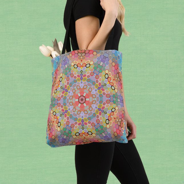 Hex Mandala Regenbogen Tasche (Rainbow Hexagon Mandala Tote Bag by Wormhole Orbital)