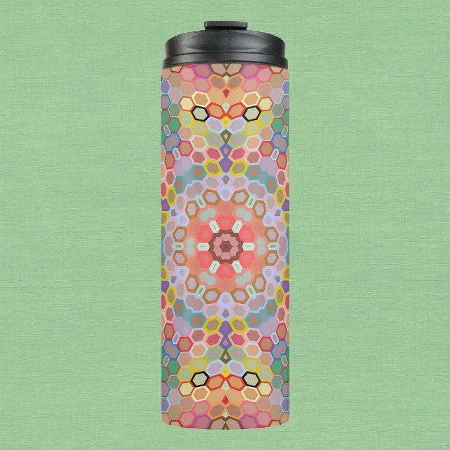 Hex Mandala Regenbogen Thermosbecher (Rainbow Hexagon Mandala Thermal Tumbler by Wormhole Orbital)