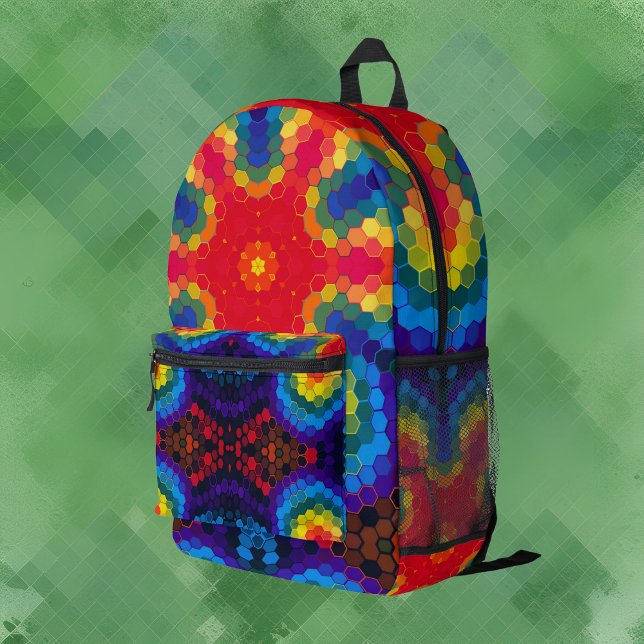 Hex Mandala Rot Gelb und Blau Bedruckter Rucksack (Von Creator hochgeladen)