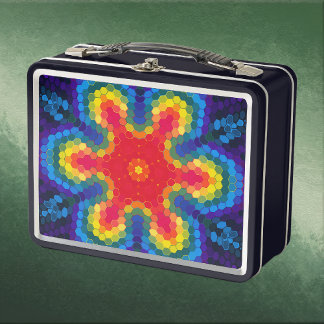 Hex Mandala Rot Gelb und Blau Metall Brotdose