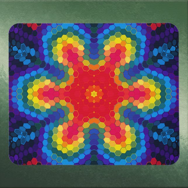 Hex Mandala Rot Gelb und Blau Mousepad (Red Yellow and Blue Hexagon Mandala Mouse Pad by Wormhole Orbital)