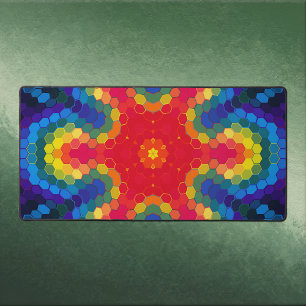Hex Mandala Rot Gelb und Blau Schreibtischunterlage
