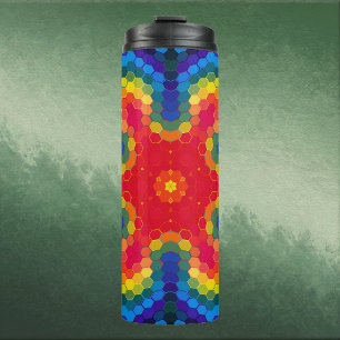 Hex Mandala Rot Gelb und Blau Thermosbecher