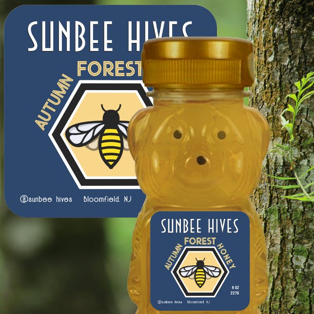 Hexagon Bee Modern Blue Honey Label Quadratischer Aufkleber (Von Creator hochgeladen)