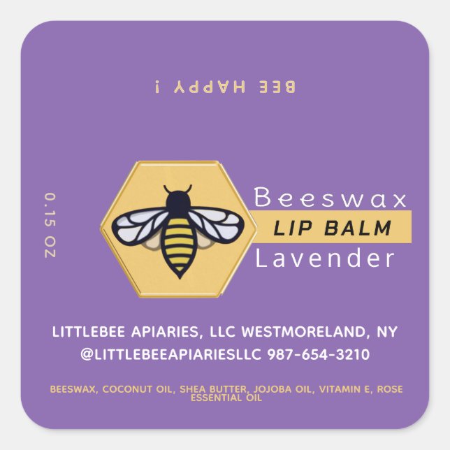 HEXAGON Bienenwachs Lavendel LIP BALM mit BEE Quadratischer Aufkleber (Vorderseite)