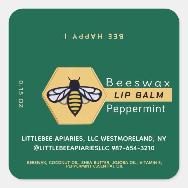 HEXAGON Bienenwachs Peppermint LIP BALM mit BEE Quadratischer Aufkleber (Vorderseite)