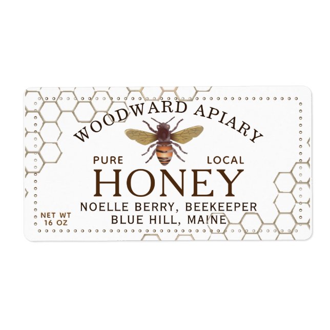 Hexagon de 12 oz Étiquette de miel avec abeille (Devant)