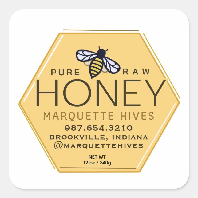 Hexagon de miel jaune Étiquette avec abeilles et p (Devant)