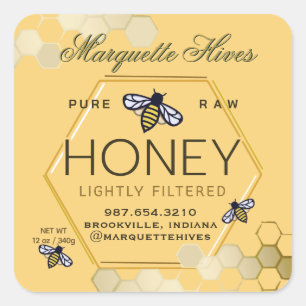 Hexagon de miel jaune Étiquette avec abeilles et p