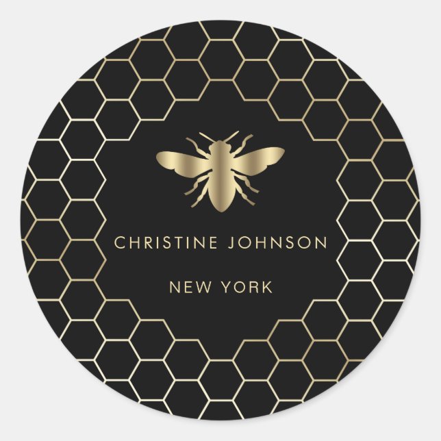 Hexagon-Design Bienenlogo auf schwarz Runder Aufkleber (Vorderseite)