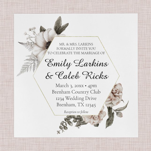 Hexagon Frame Gold Watercolor Floral Wedding Einladung (wedding invitation with gold hexagon frame and white and sage floral elements. script writing )