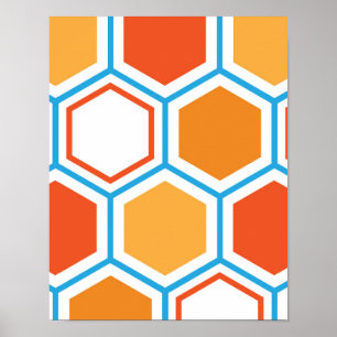 Hexagon in orange, blue and white poster
