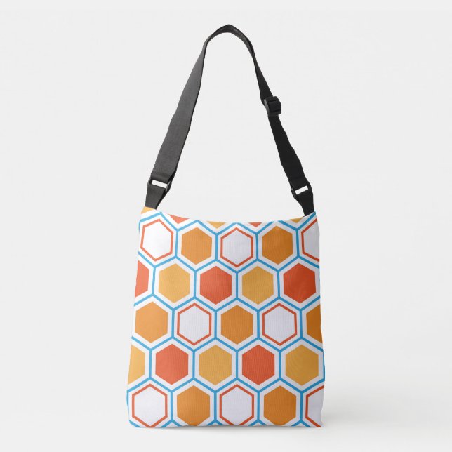 Hexagon in orangefarbenen, blauen und weißen Tüten Tragetaschen Mit Langen Trägern (Vorderseite)