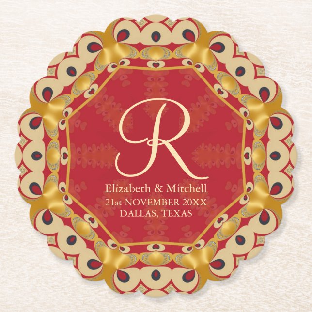 Hexagon Liebe Red Gold Monogram Individuelle Name Untersetzer (Vorderseite)