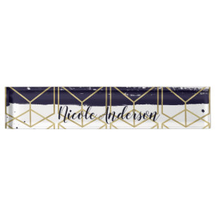 Hexagon Modern Navy Blue Gold Geometric Glam Namensplakette