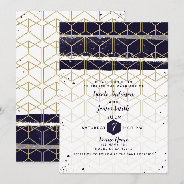 Hexagon Modern Navy Blue Gold Geometric Wedding Einladung (Vorne/Hinten)