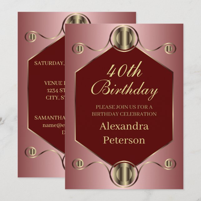 Hexagon Rosa Rot und Gold Geometrie Geburtstag Einladung (Vorne/Hinten)