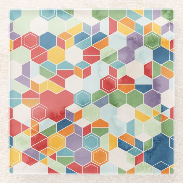 Hexagon Wasserfarbe, Random Mosaik. Glasuntersetzer (Vorderseite)
