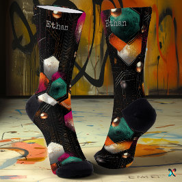Hexagonal Abstrakt in Emerald, Orange auf Black Socken