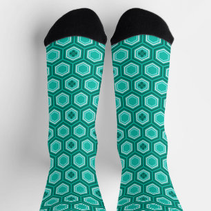 Hexagonal Kimono Print, Aquamarin, Aqua und White Socken