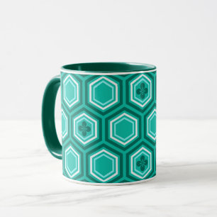 Hexagonal Kimono Print, Aquamarin, Aqua und White Tasse