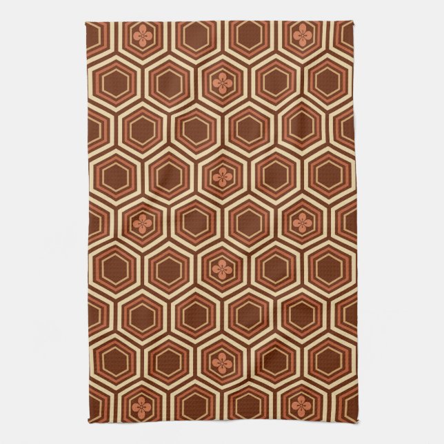 Hexagonal Kimono Print, Braun und Beige Geschirrtuch (Vertikal)