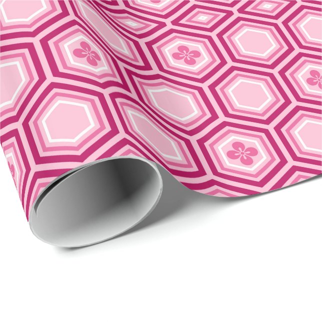 Hexagonal Kimono Print, Burgund und Rosa Geschenkpapier (Rolleneckpunkt)