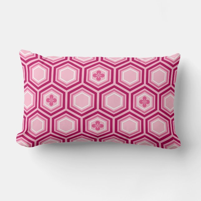 Hexagonal Kimono Print, Burgund und Rosa Lendenkissen (Vorderseite)