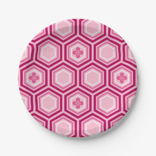 Hexagonal Kimono Print, Burgund und Rosa Pappteller