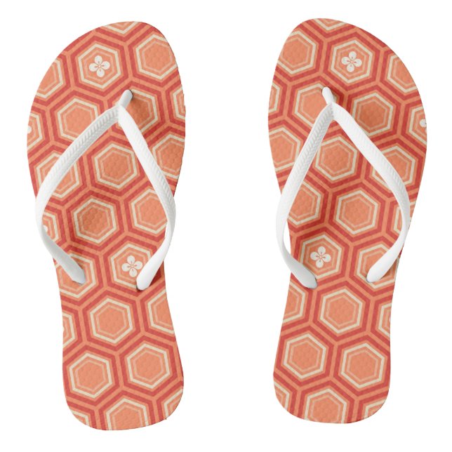 Hexagonal Kimono Print, Mandarin Orange Flip Flops (Fußbett)