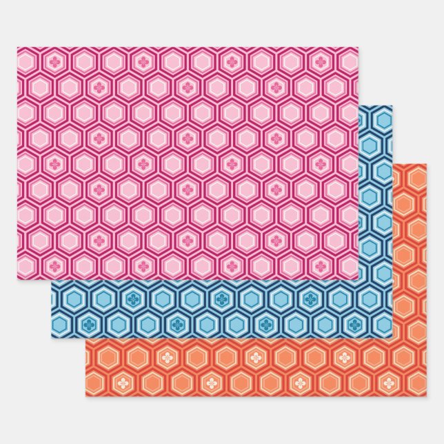 Hexagonal Kimono Print, Rosa, Blau, Orange Geschenkpapier Set (Set)
