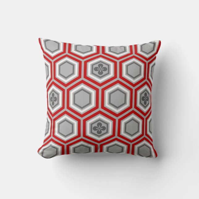 Hexagonal Kimono Print, rot und grau / grau Kissen (Vorderseite)