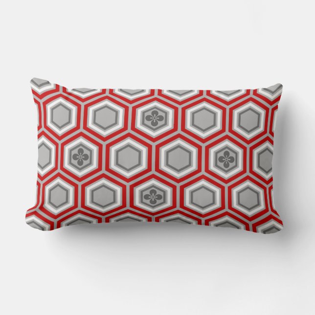 Hexagonal Kimono Print, rot und grau / grau Lendenkissen (Vorderseite)