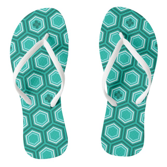 Hexagonal Kimono Print, Türkis und Weiß Flip Flops (Fußbett)